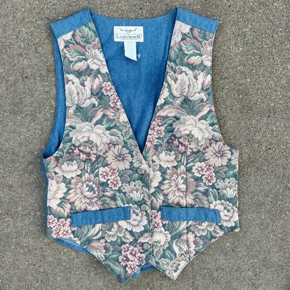 Vintage 90s Longhorn by Never Western Cowgirl Pastel Floral Tapestry Dress Vest